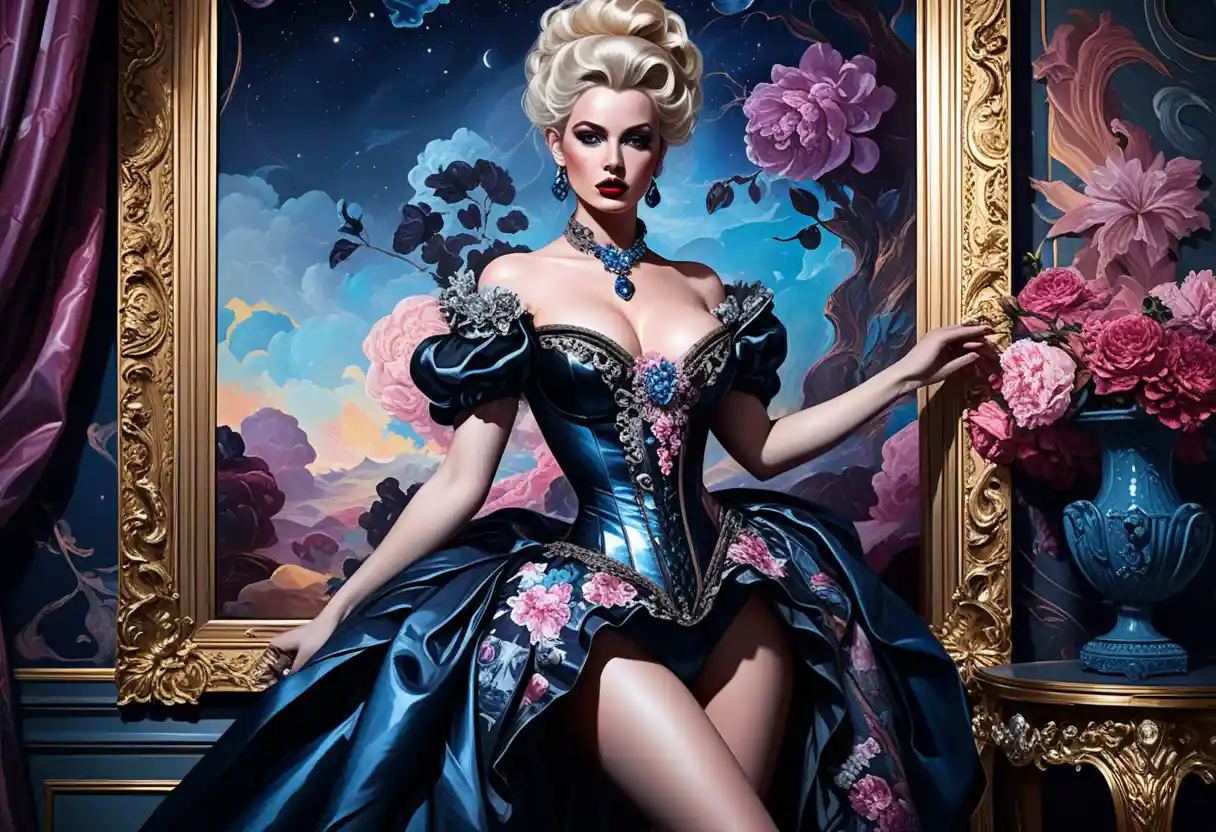 Sensual blonde aristocratic woman in lavish rococo gown