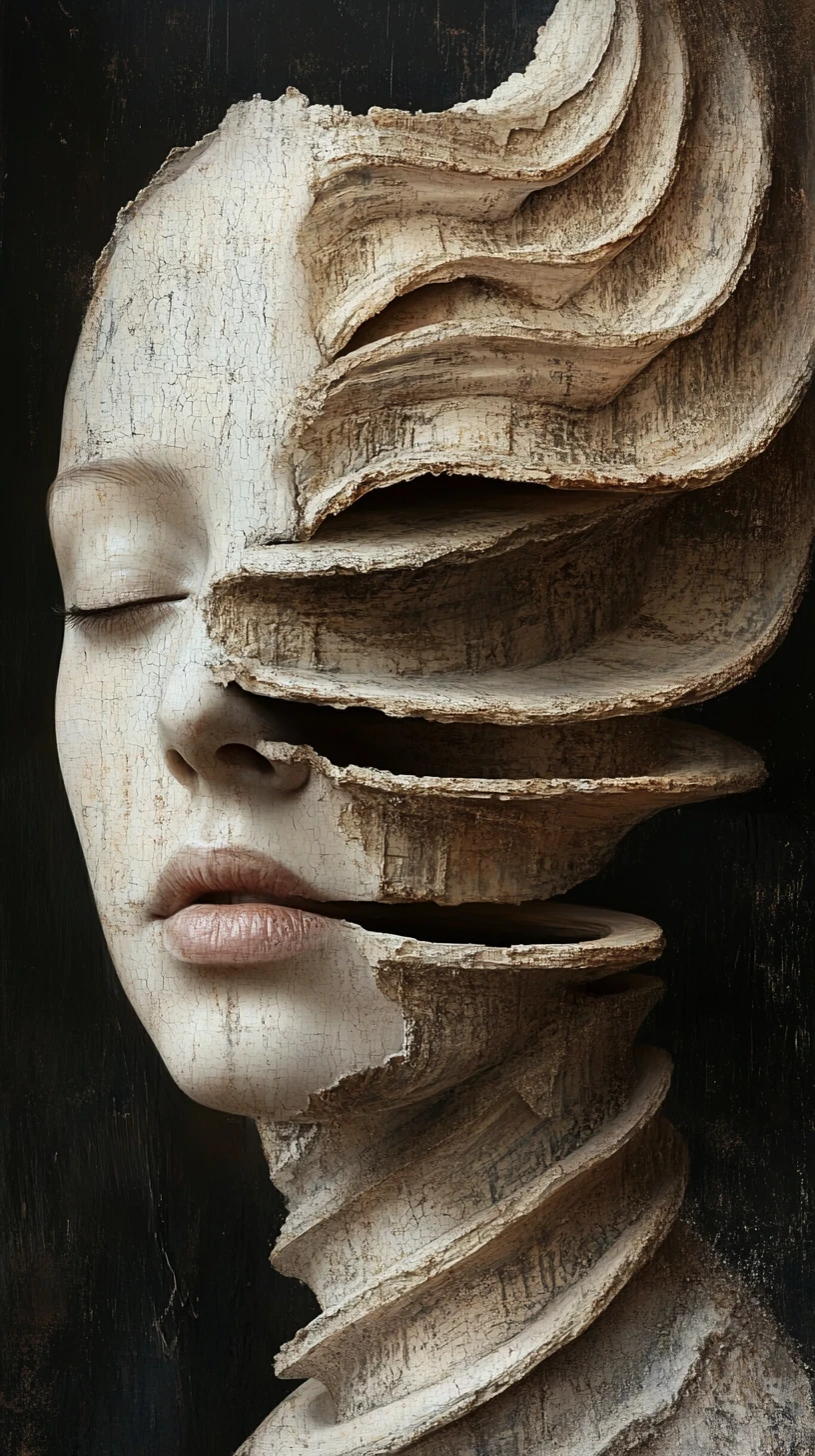 Surreal fashion portrait with peeling facial layers and spirals