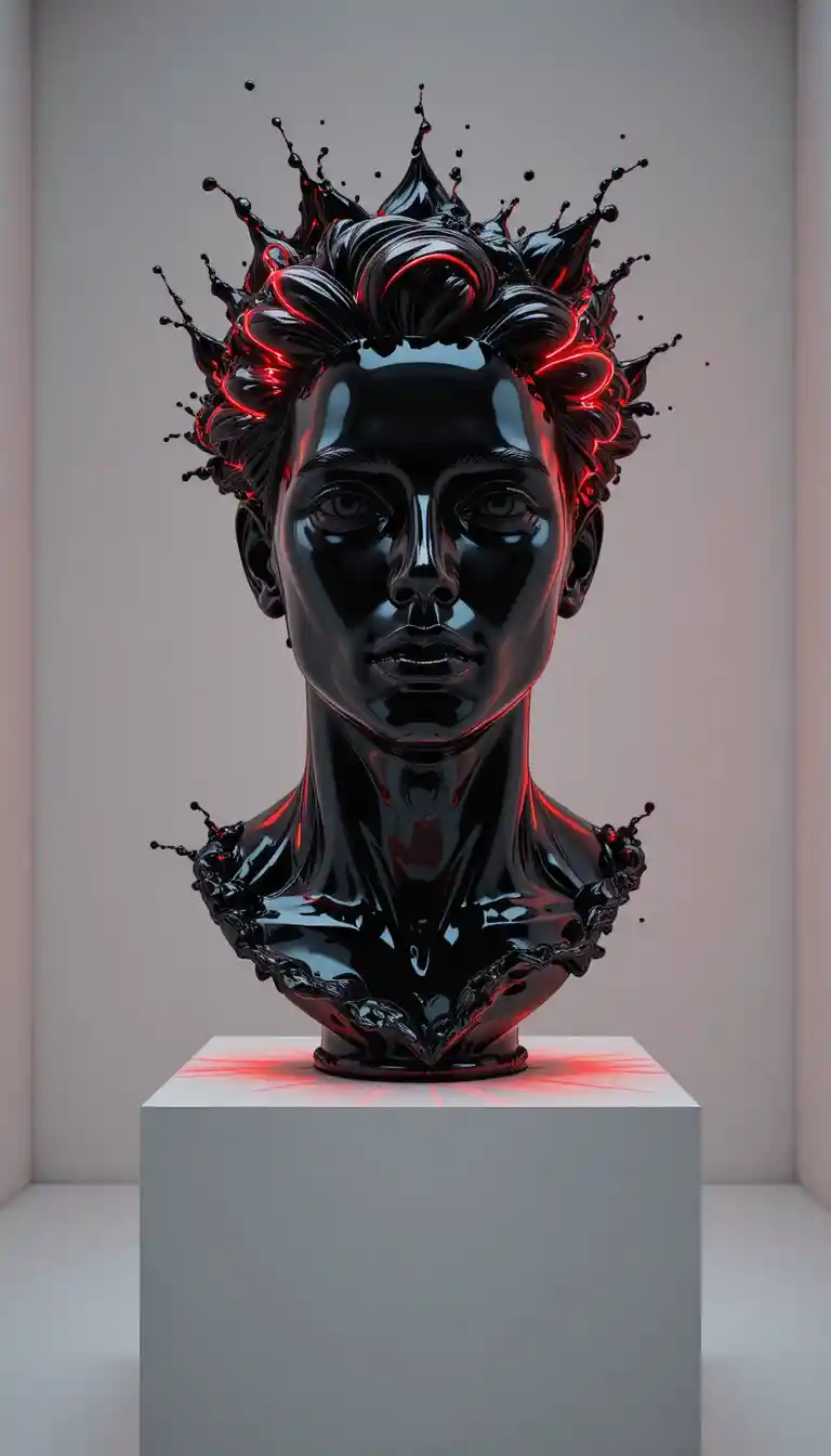 Futuristic Liquid Black Bust With Red Neon Glow