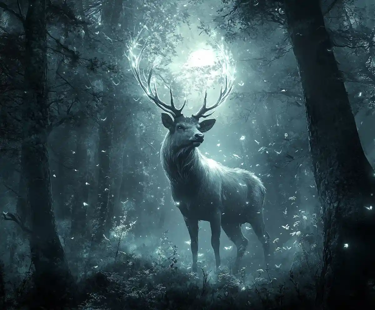 Spectral stag in a moonlit fantasy forest grove