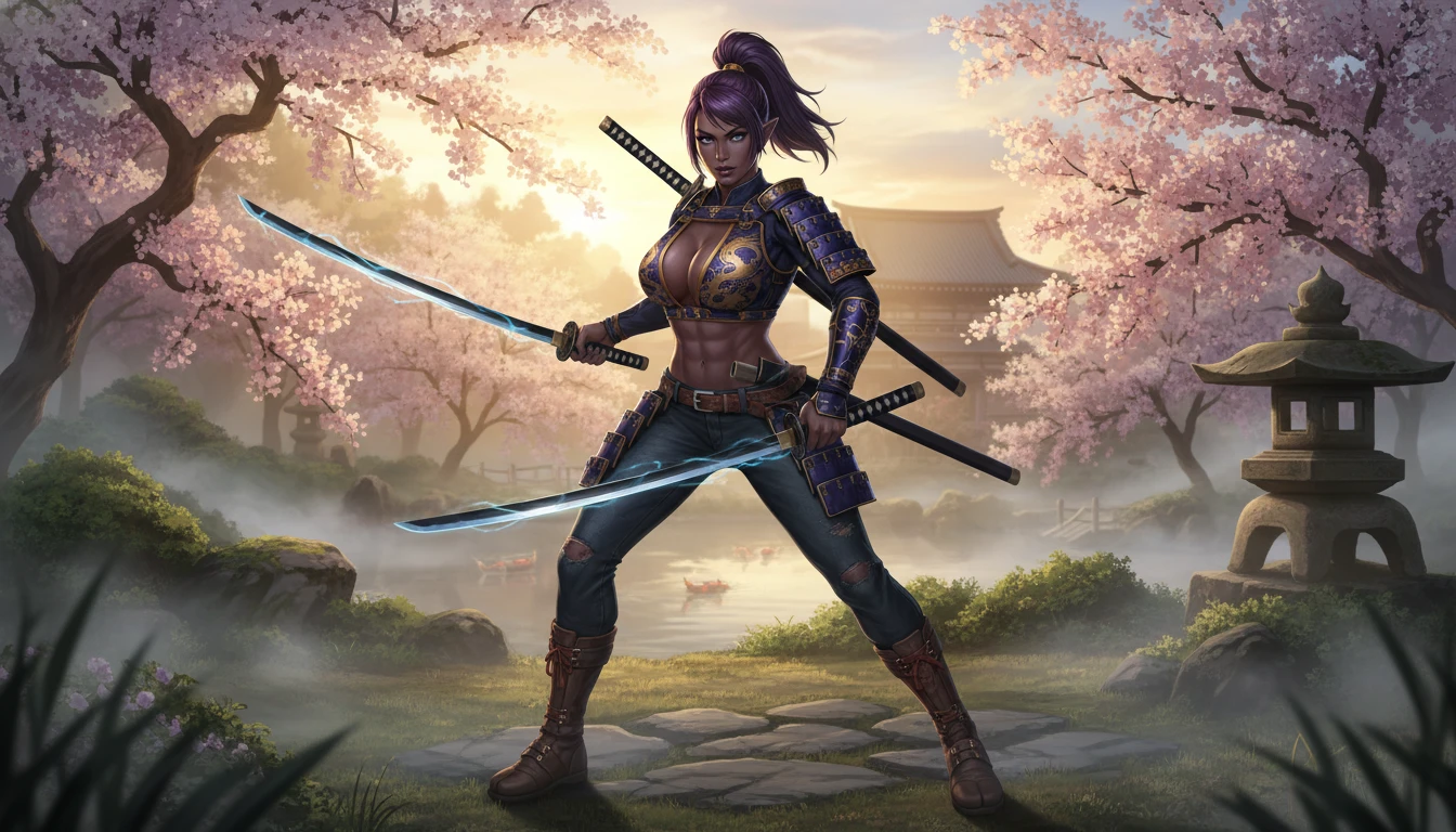 Noble female orc samurai with twin katanas in armor