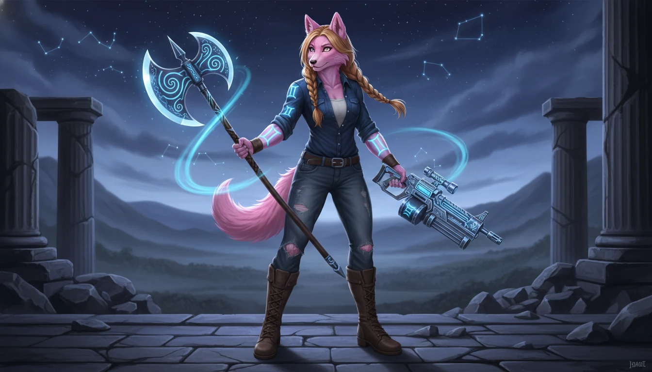 Pink anthro wolf girl with gemini markings and weapons