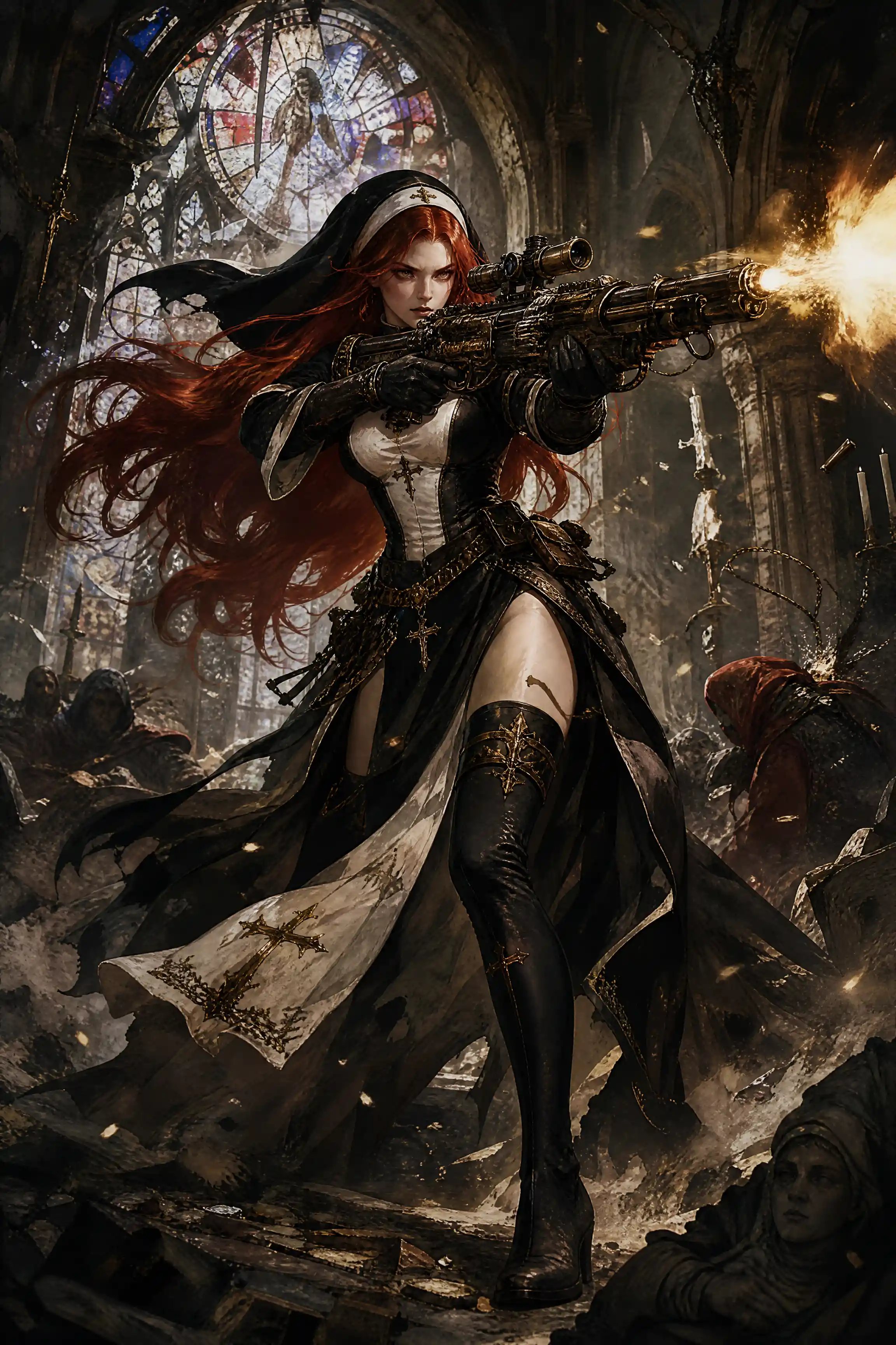 Alluring nun warrior with rifle in ruined church