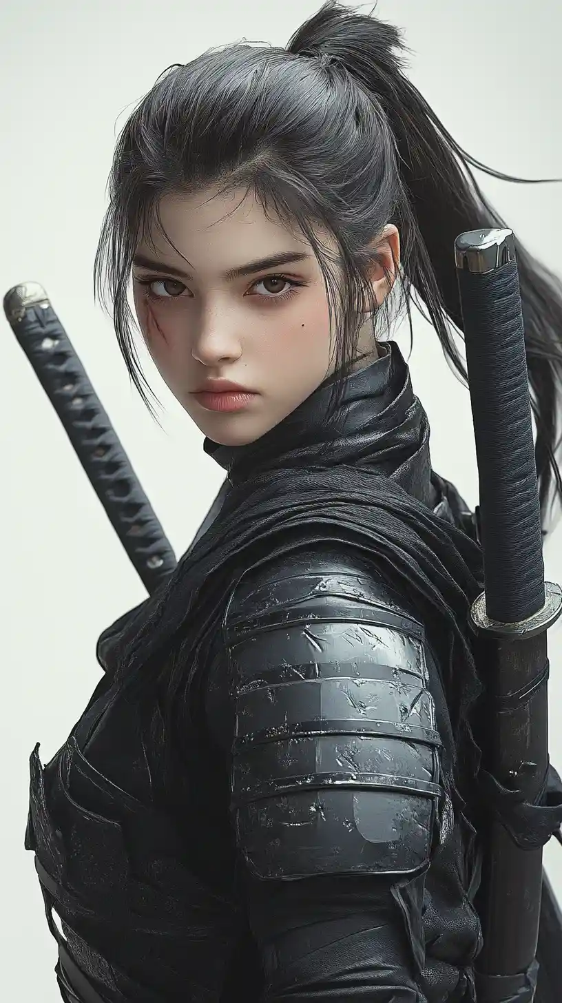 Calm female samurai in tactical pose in bright studio