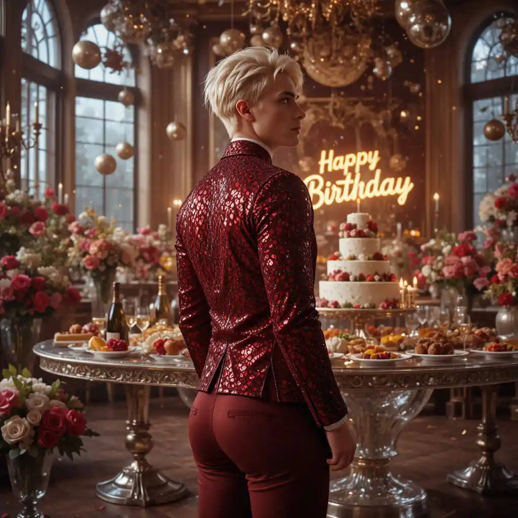 Muscular blond young man celebrating in a glittering hall