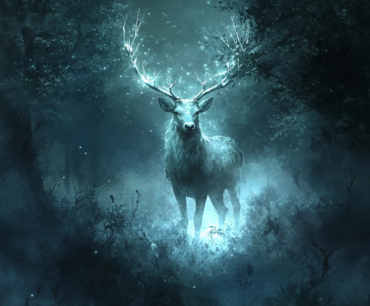 Spectral stag in a moonlit forest of glowing flora