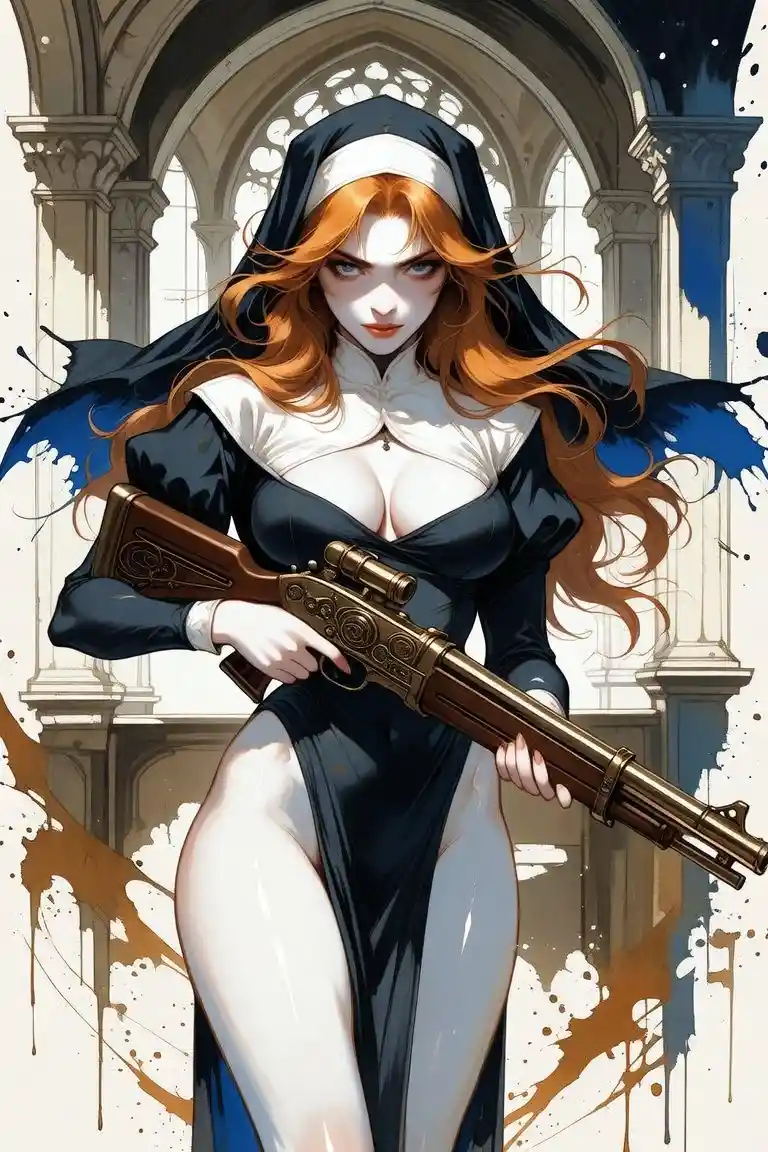Fierce red haired nun warrior with rifle in ruined church