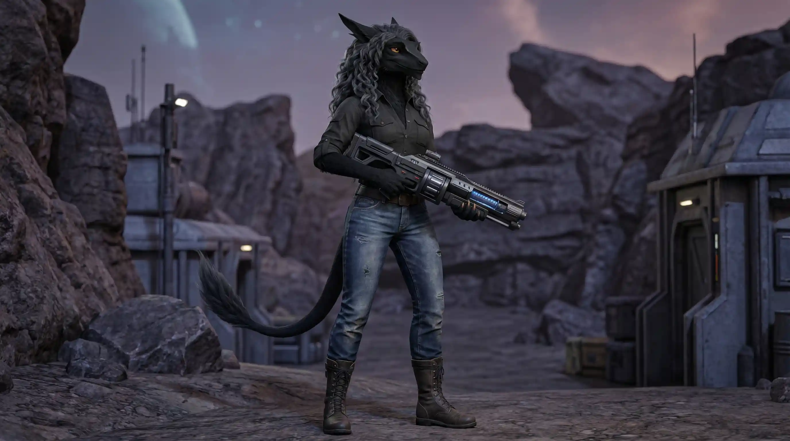 Tall fantasy woman with plasma gun in casual clothes