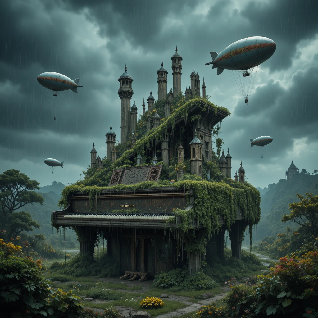 Surreal piano city with overgrown keys and rainy sky