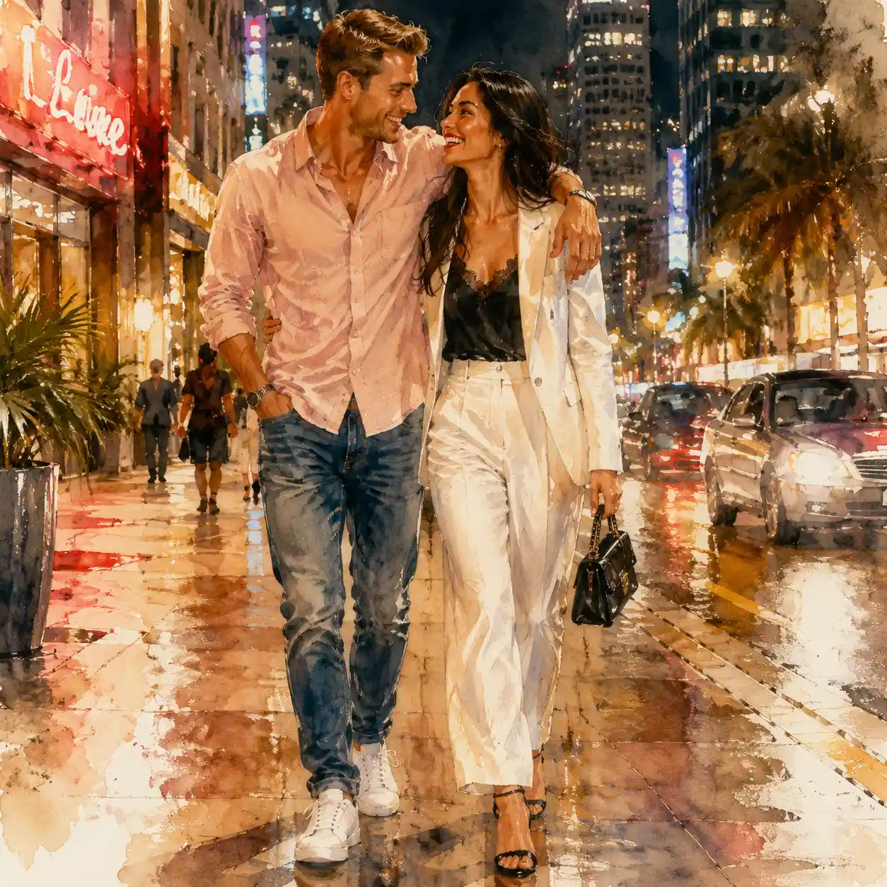 Couple walking arm in arm on a warm neon city night