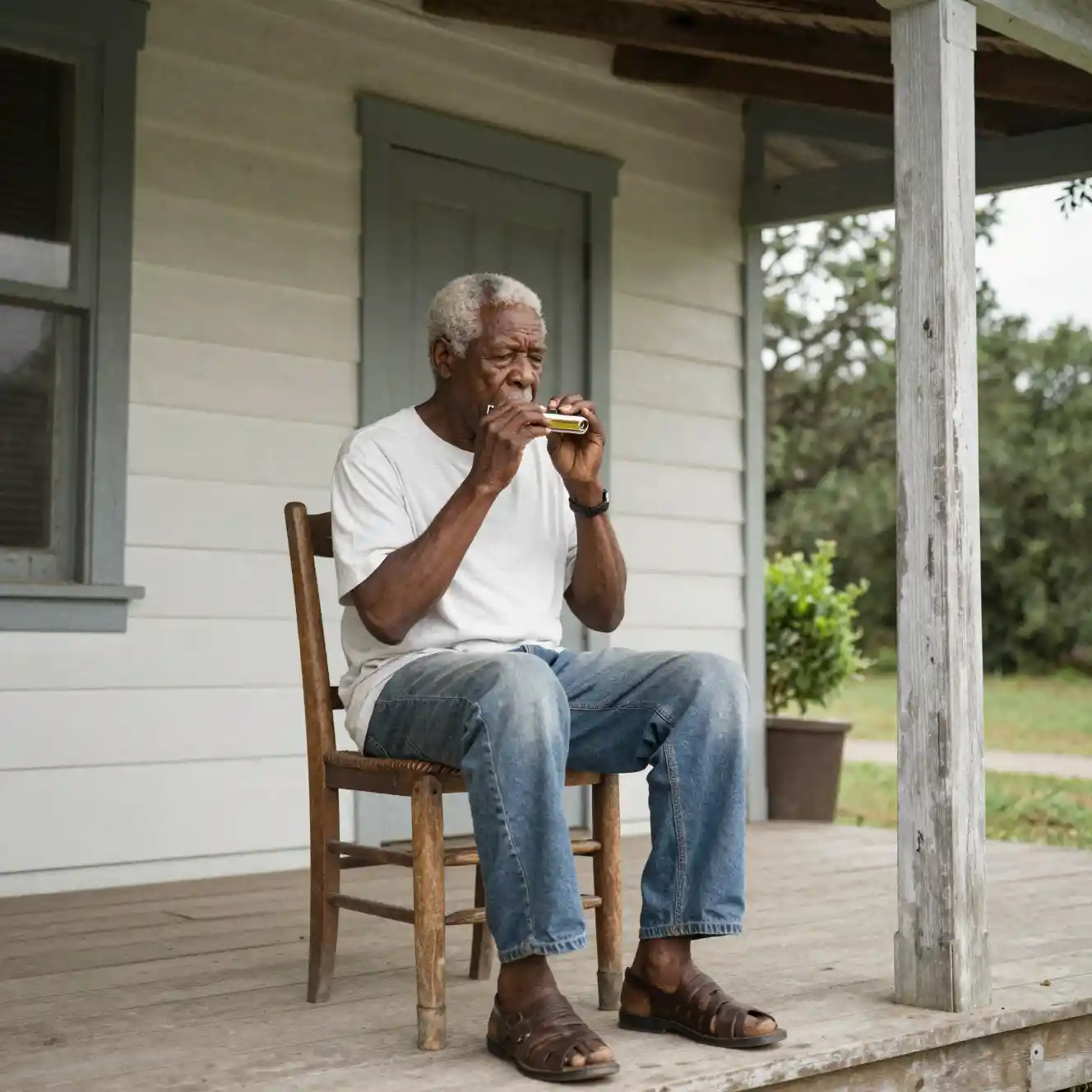 Elderly man playing harmonica on a wooden porch chair