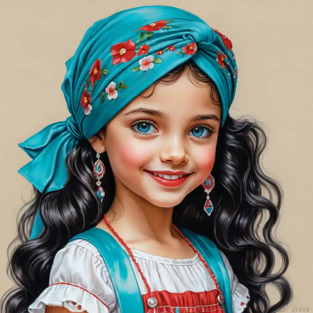 Smiling girl with curly hair in colorful summer outfit
