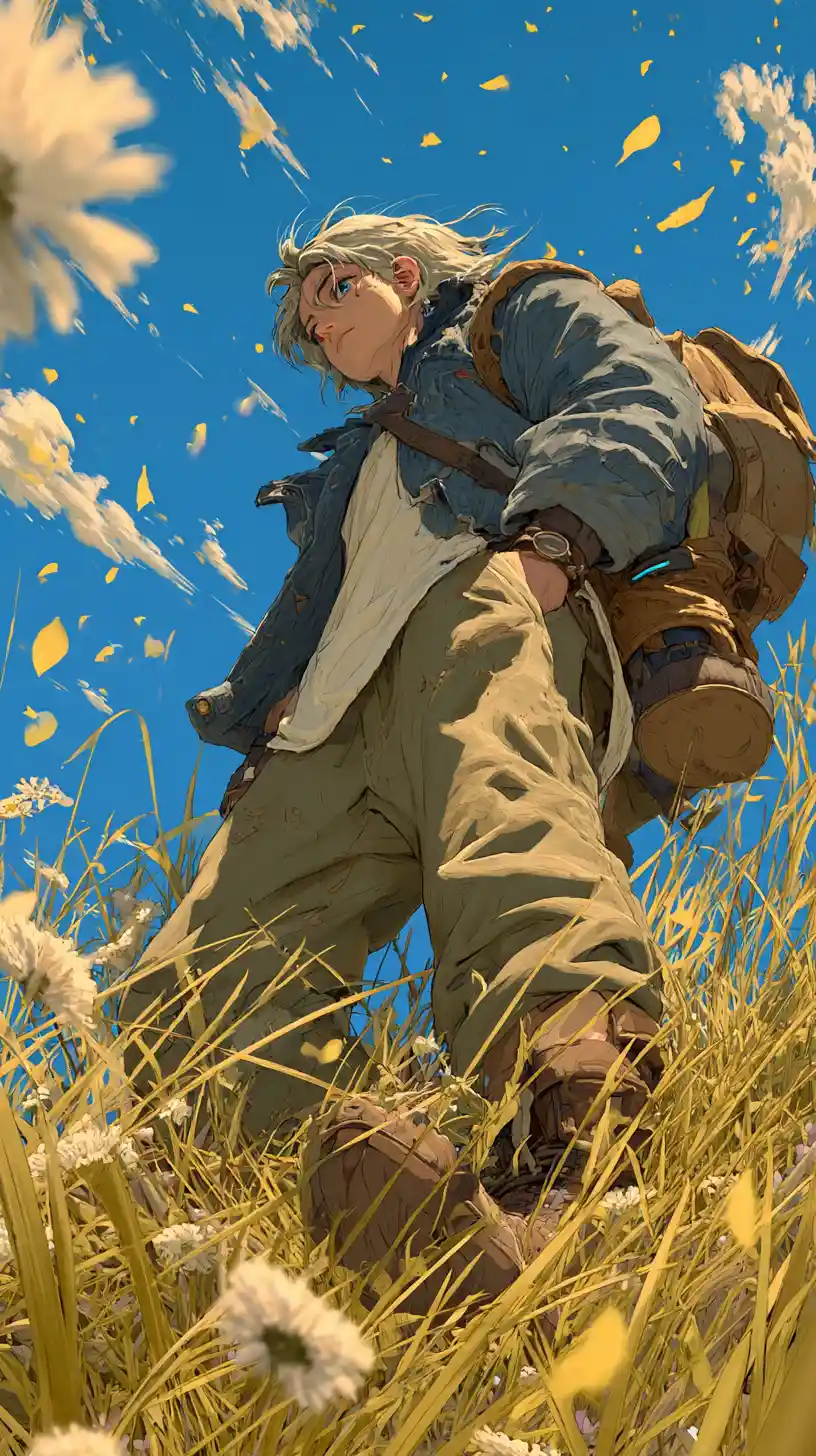 Anime-Held in einer friedlichen, sonnenbeschienenen Wildblumenlandschaft