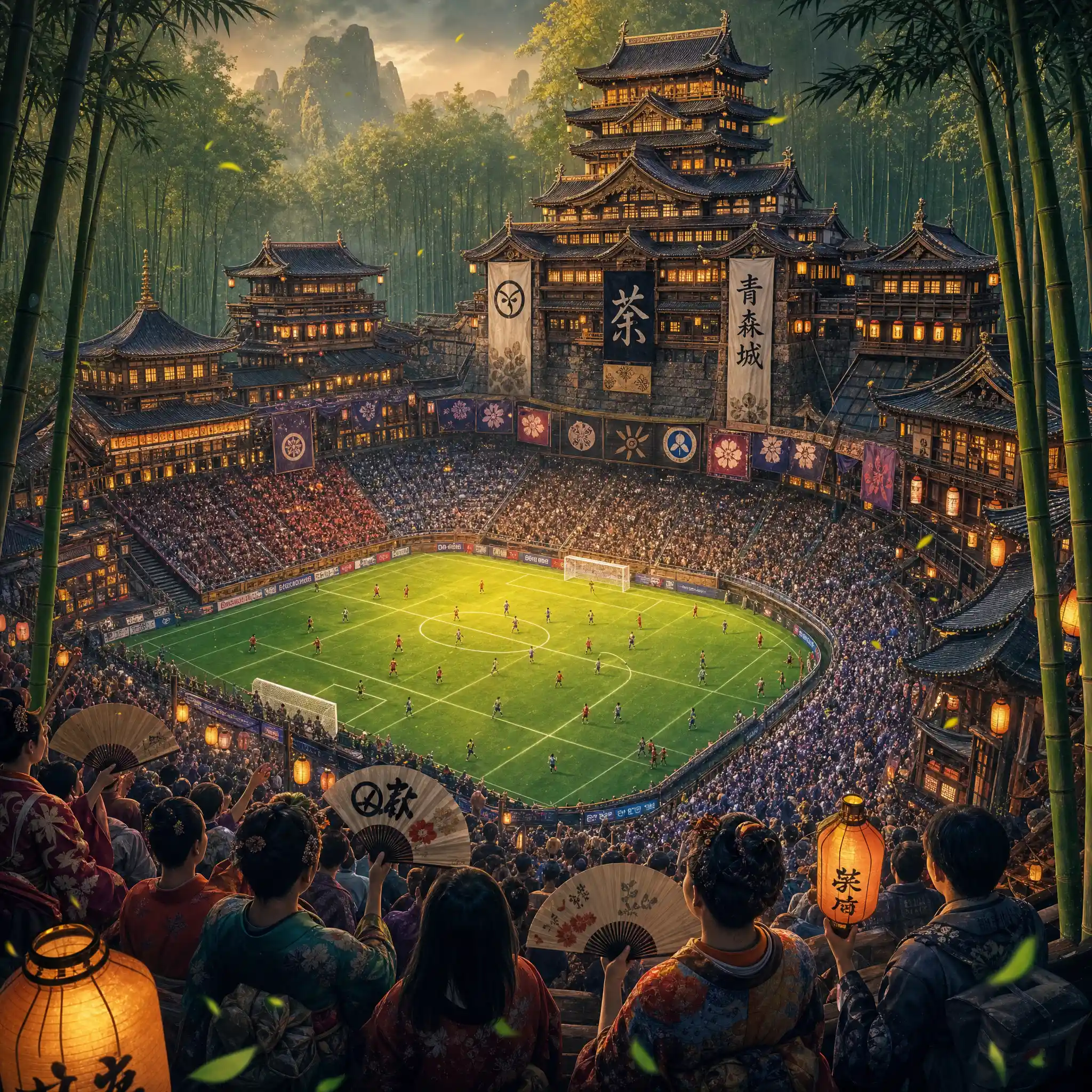 Fantasy stadium shaped like a Japanese castle in bamboo forest