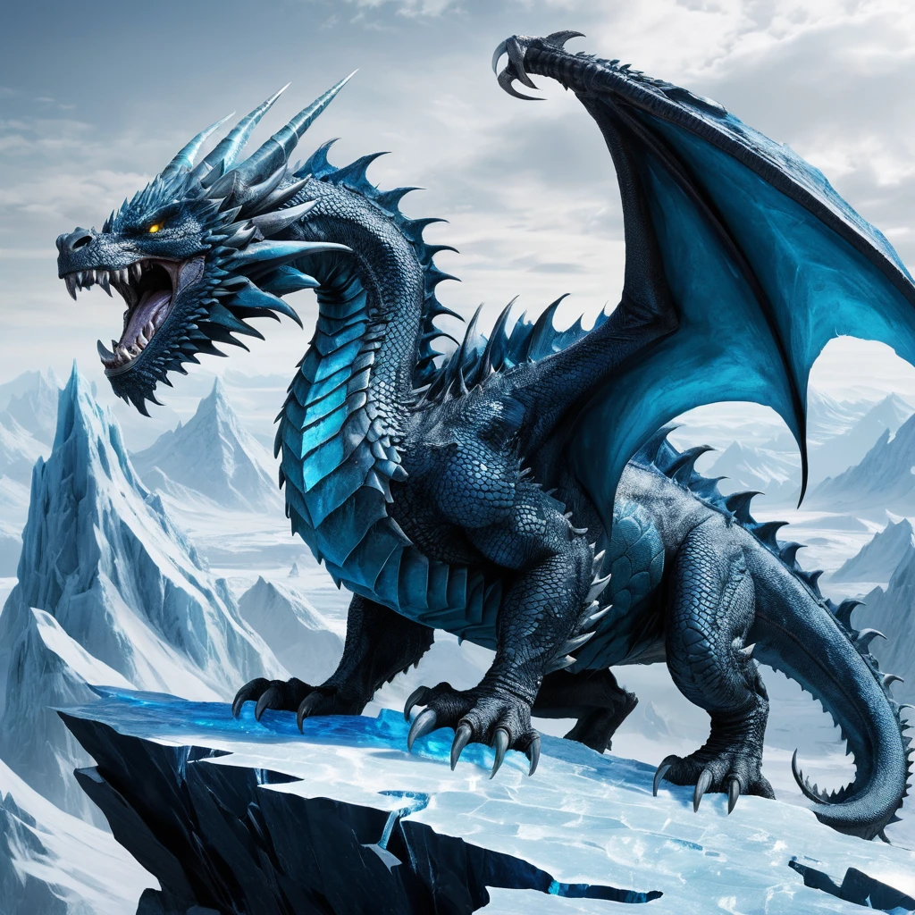 Ancient blue dragon atop a shattered icy mountain