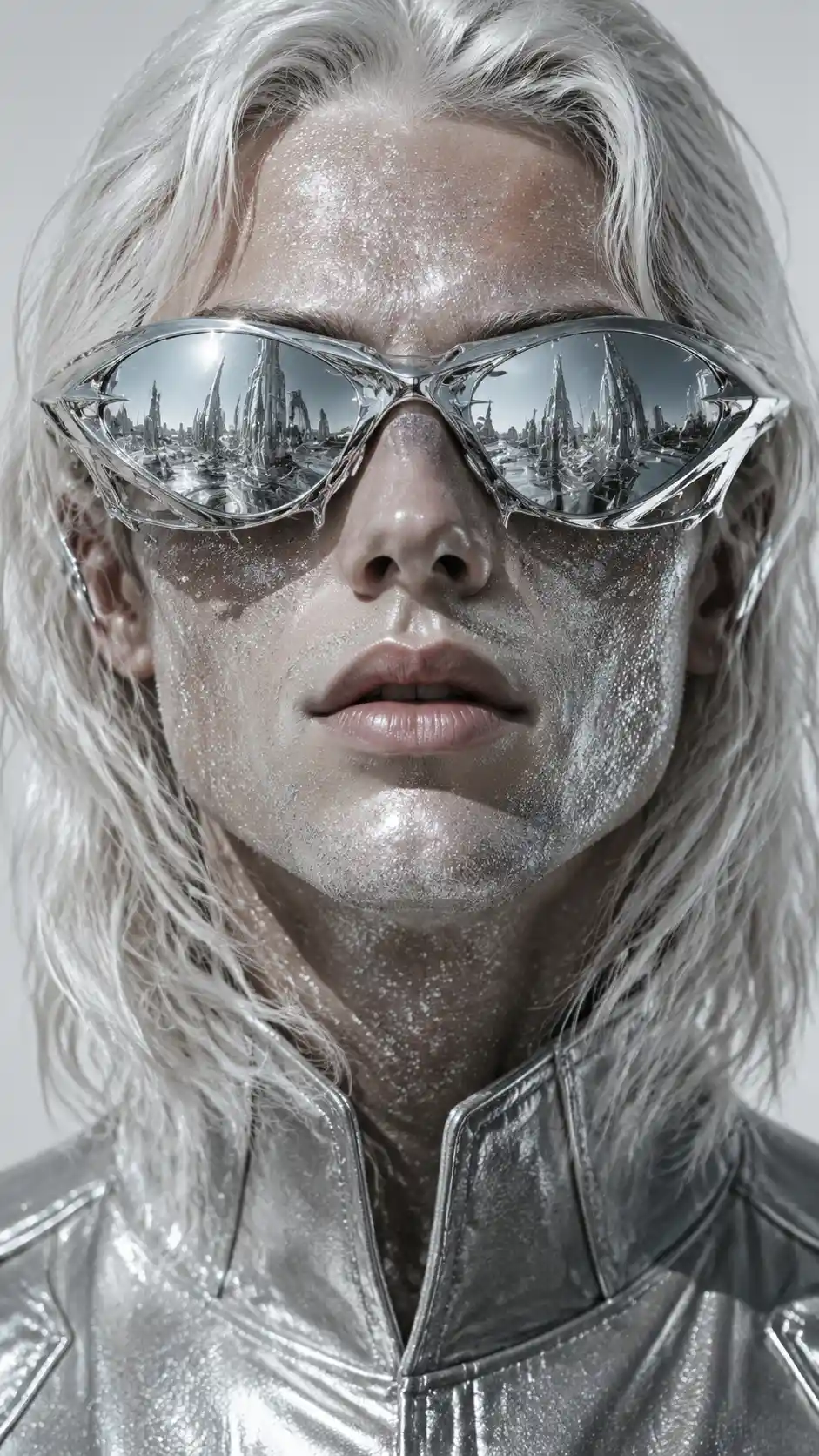 Retrato en primer plano de hombre albino con moda futurista plateada