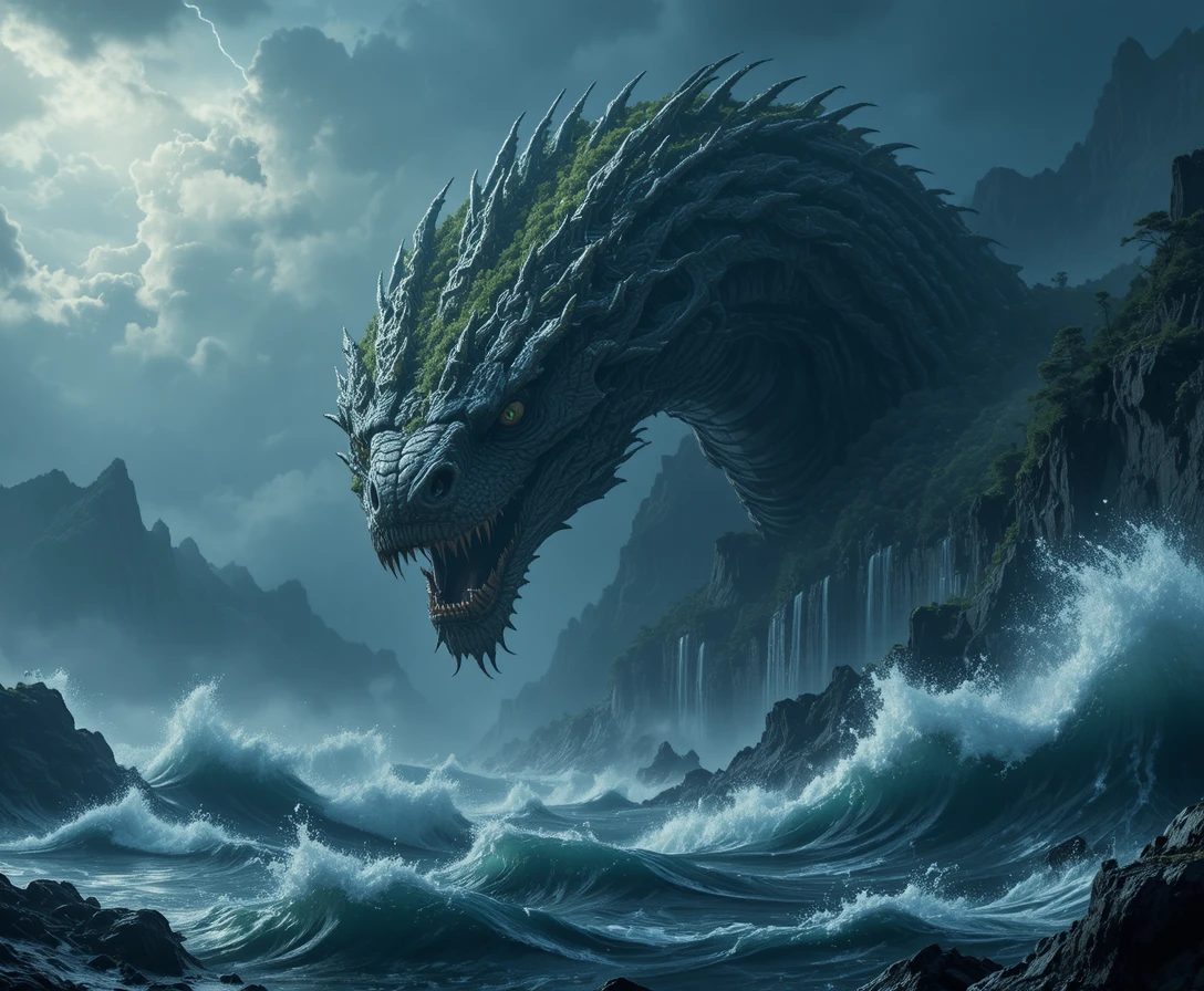 Colossal sea serpent rising from storm lashed ocean