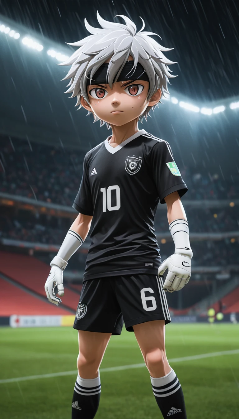 Blindfolded soccer prodigy on rainy anime stadium field