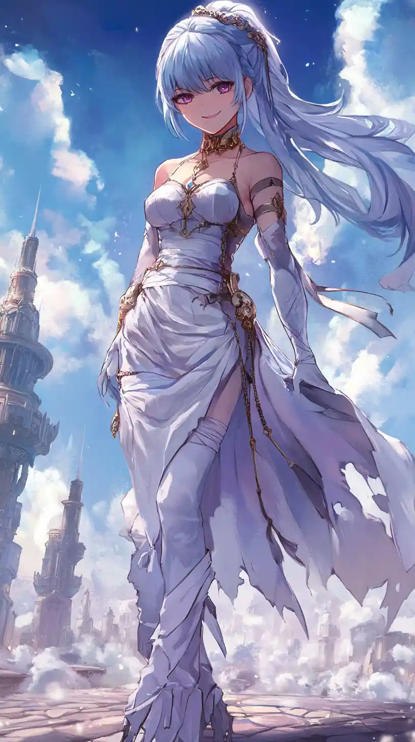 Bandaged purple haired anime girl in a long silver dress