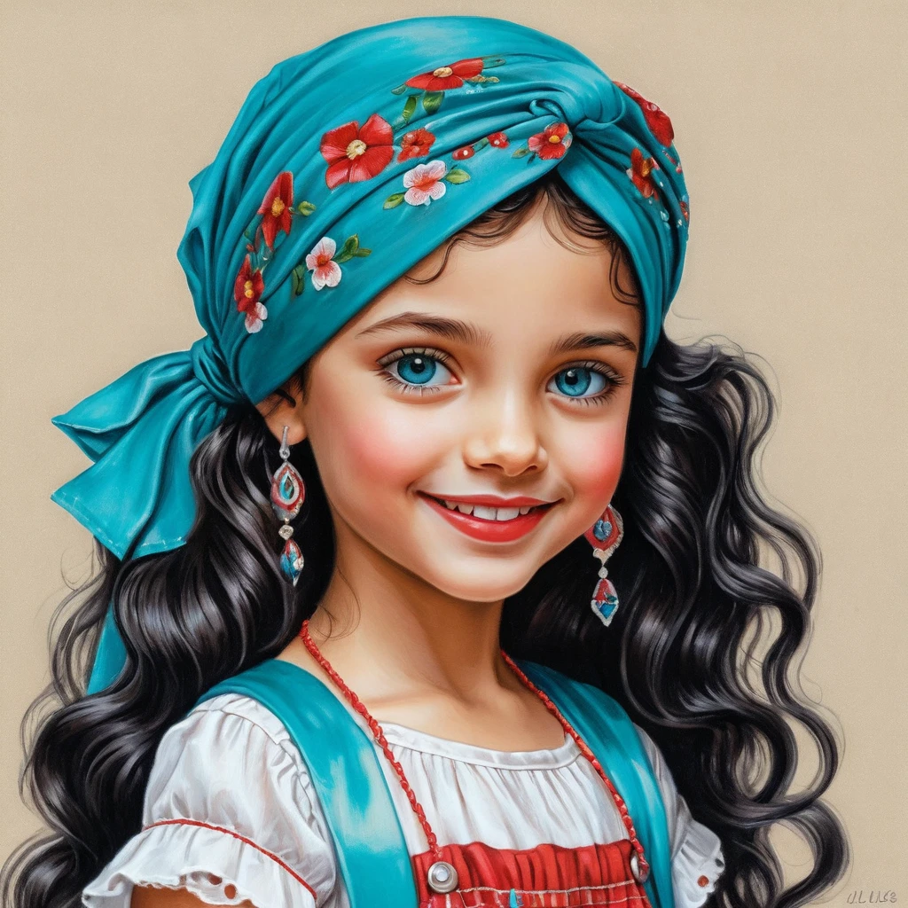 Smiling girl with curly hair in colorful summer outfit