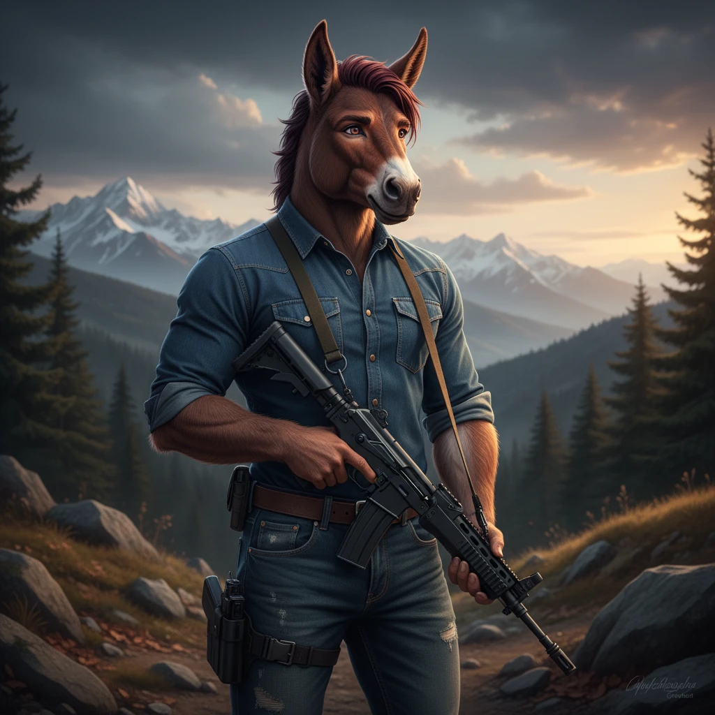 Anthro-brauner Maultiermann mit Gewehr in Freizeitkleidung