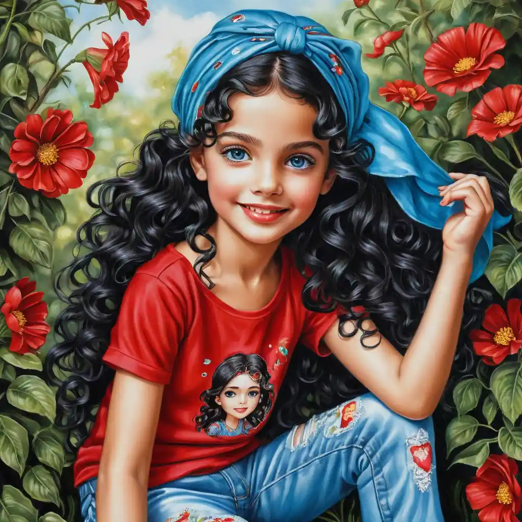 Smiling little girl in summer outfit with long curly hair