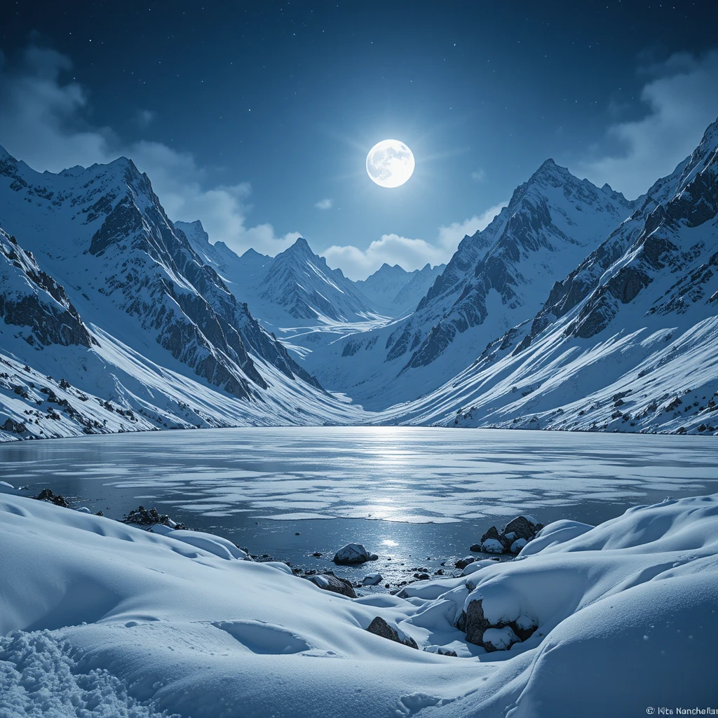 Moonlit snowy mountains above a frozen winter lake