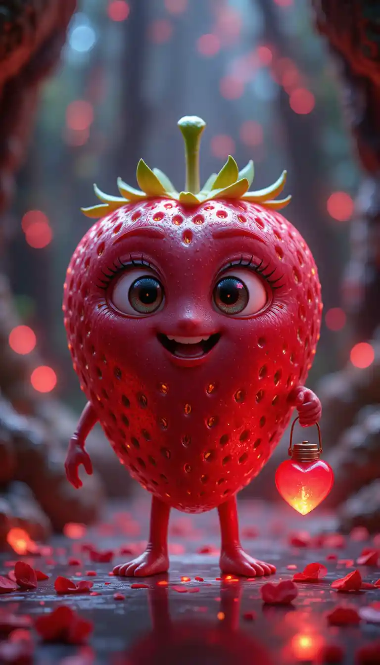 Cute 3D strawberry character in a glowing wellness scene