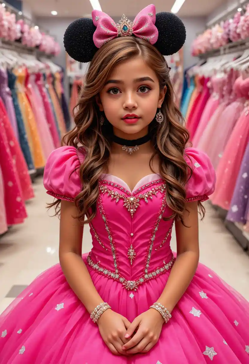 Nervous young princess in pink dress at boutique