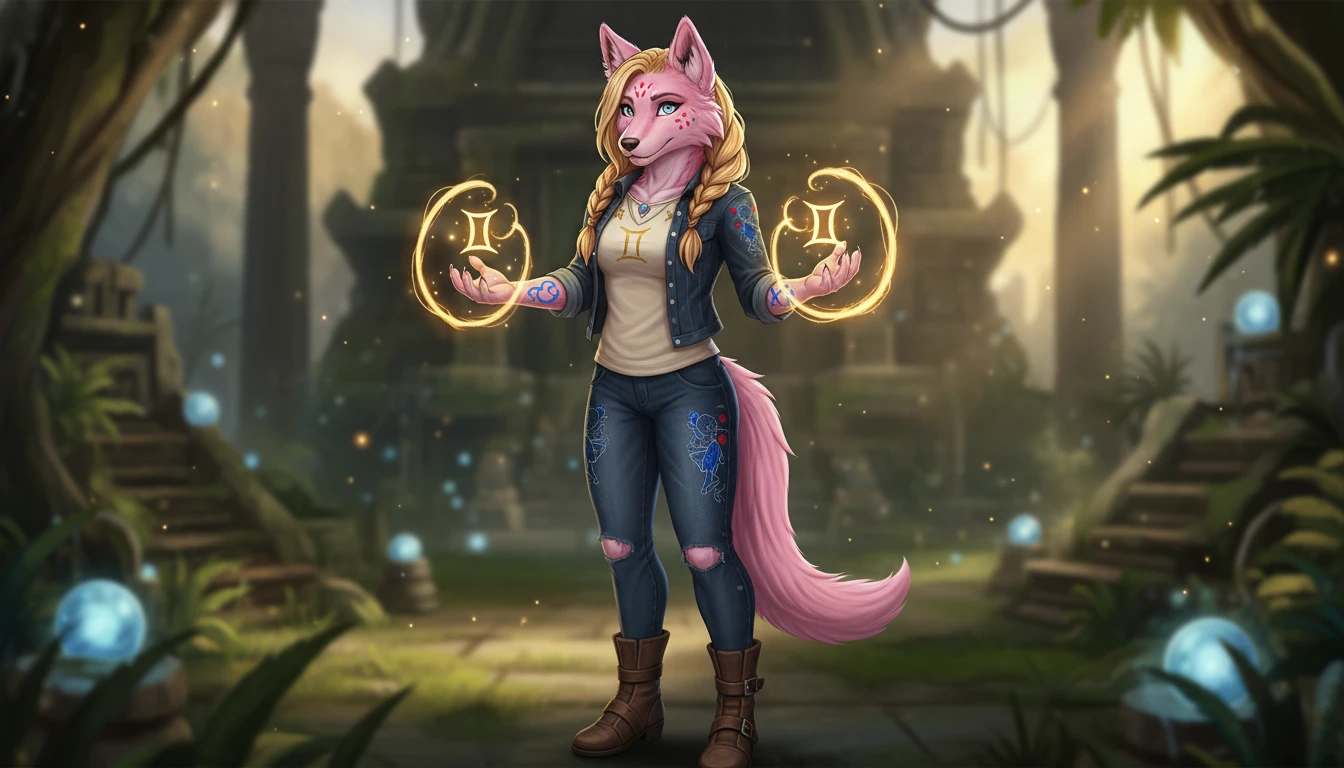 Anthro pink wolf girl with gemini markings in casual clothes