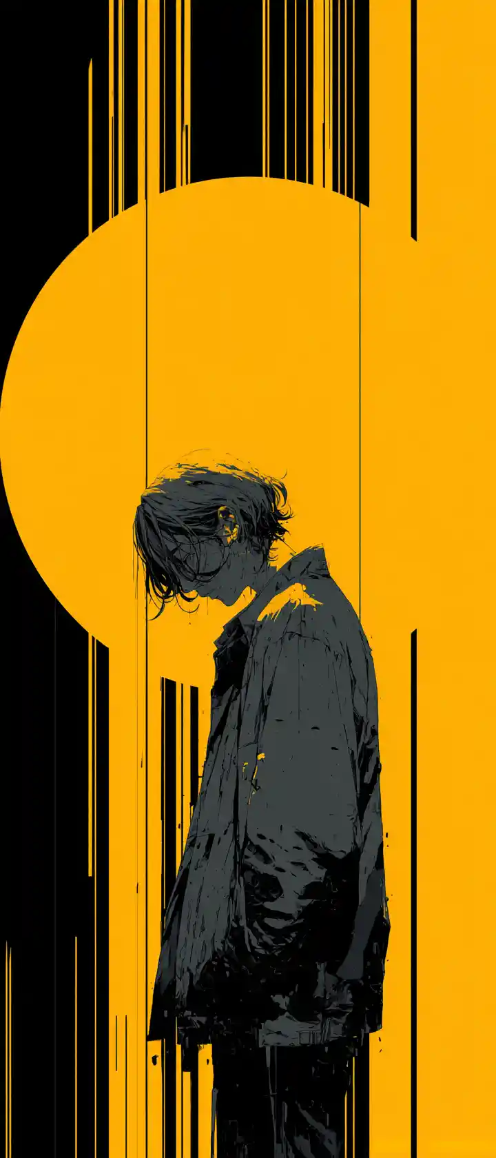 Melancholic anime silhouette behind black grid and yellow sun