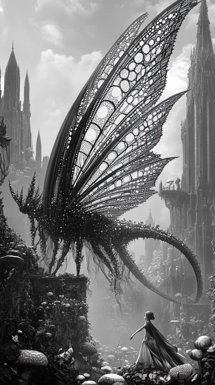 Überragende Drachen‑Motten‑Kathedralenkreatur mit Kind darunter