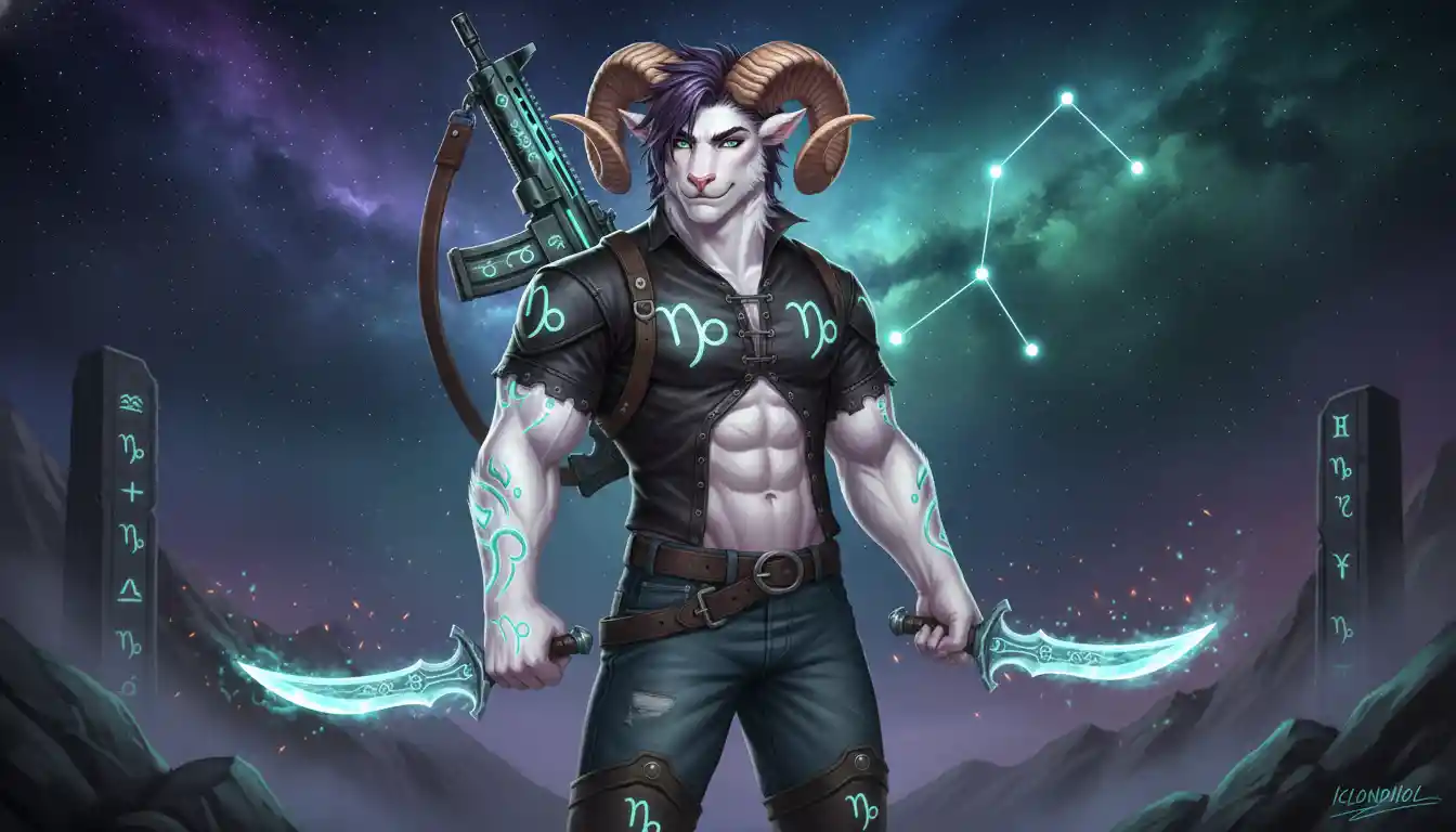 Anthro Capricorn warrior with twin daggers and rifle