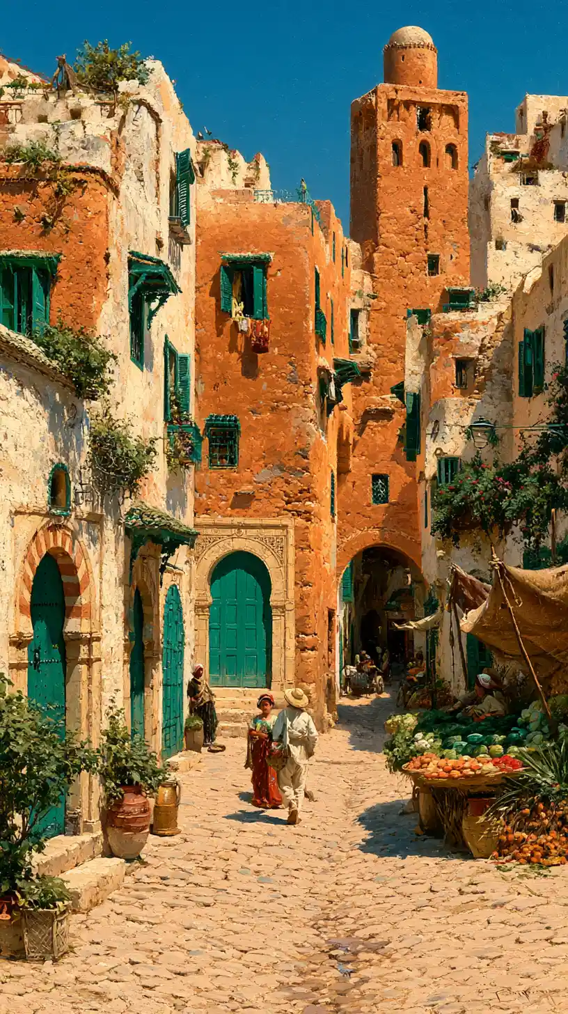 Crowded old Casbah street with market vendor and passersby