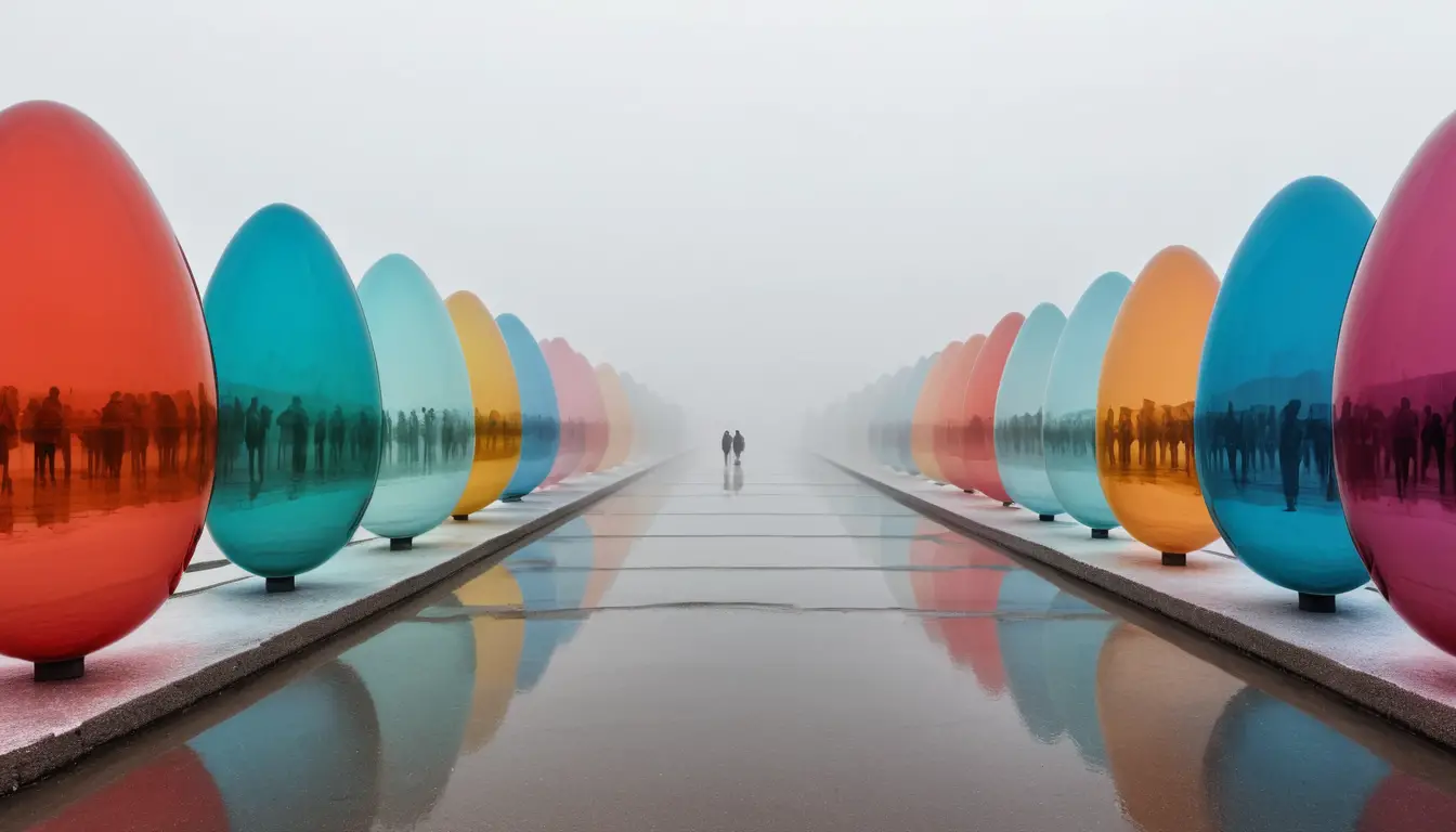 Surreal city of egg shaped houses emerging through soft fog
