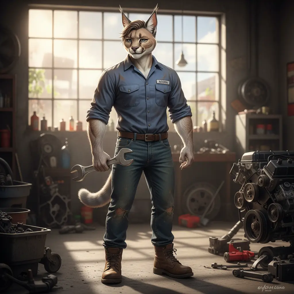 Anthro silver caracal mechanic in casual shirt and jeans