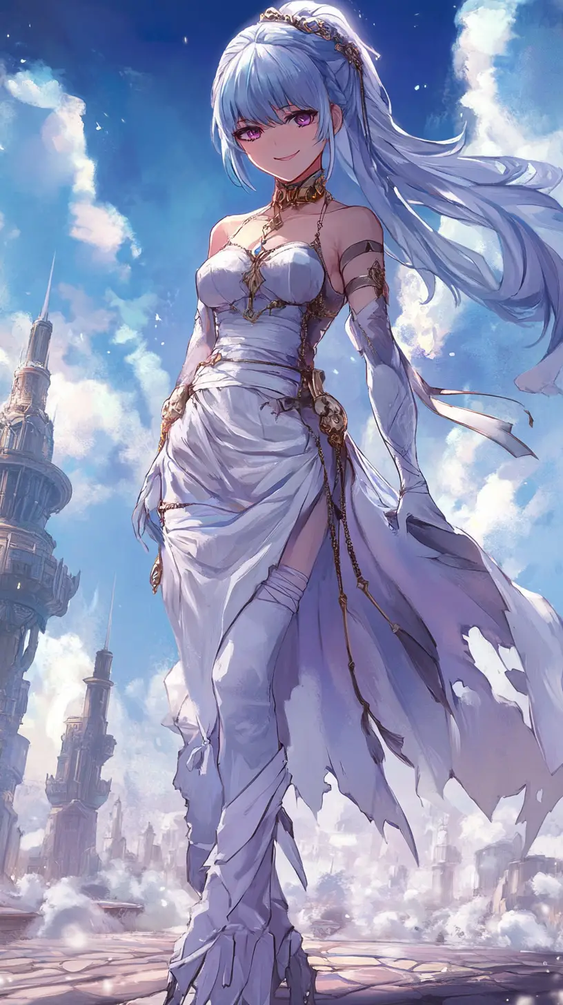 Bandaged purple haired anime girl in a long silver dress