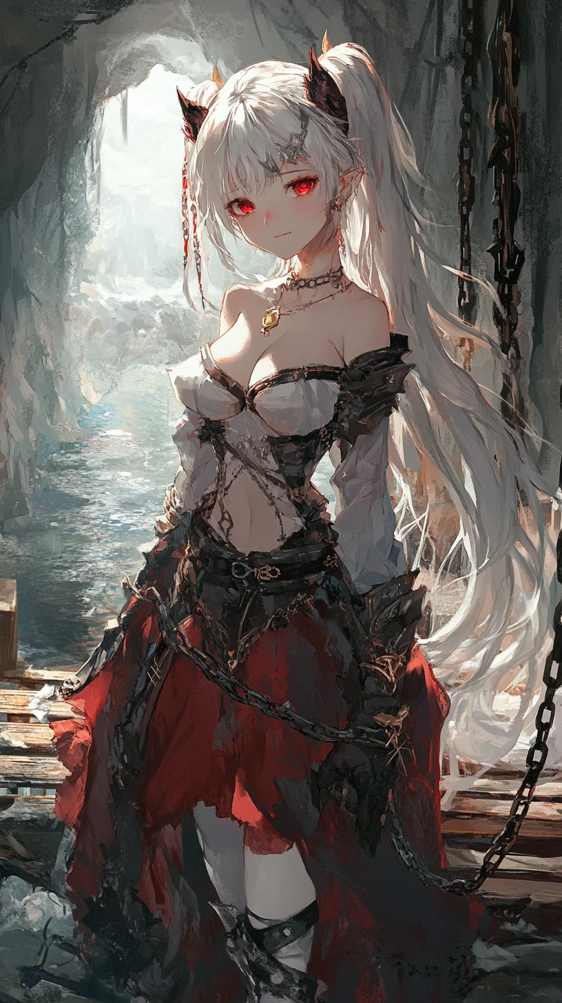 Anime girl in a torchlit white cave with water canal