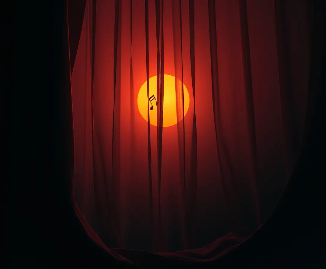Surreal curtain opening from shadow into peaceful dawn