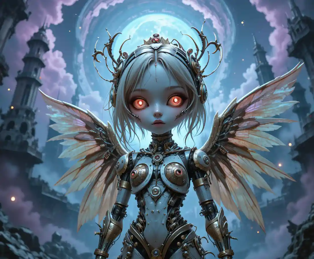 Surreal cybernetic angel with chibi face in cosmic abyss