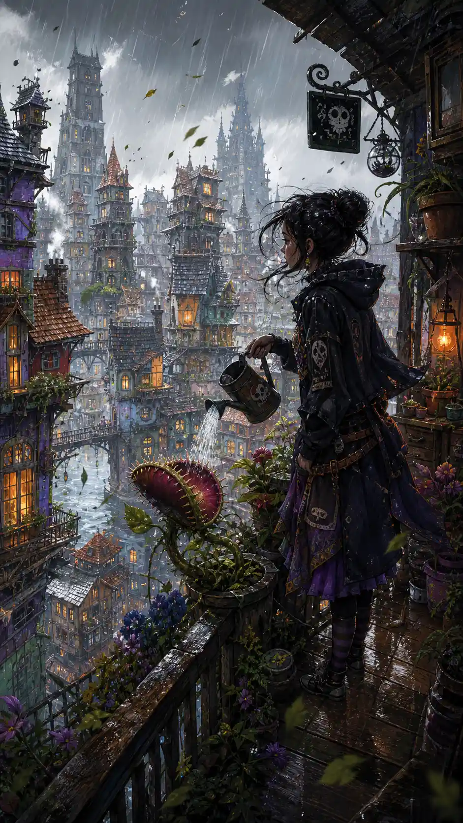 Girl watering a carnivorous plant on a rainy balcony