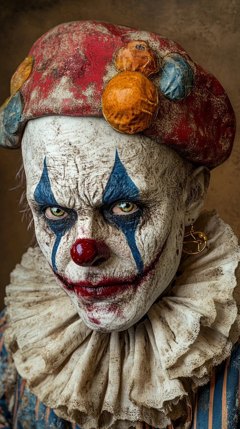 Close up portrait of a sad clown in ornate costume