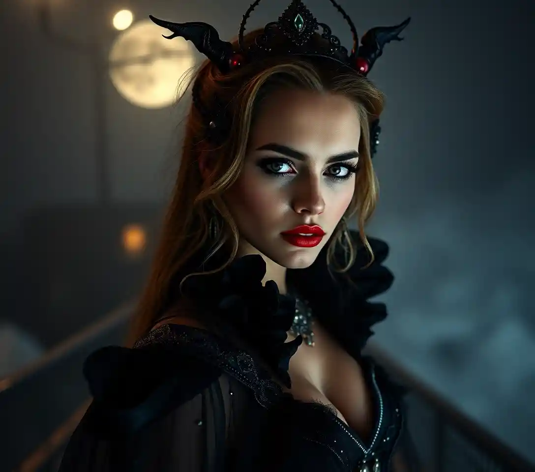 Sensual sorceress standing in a dark misty harbor