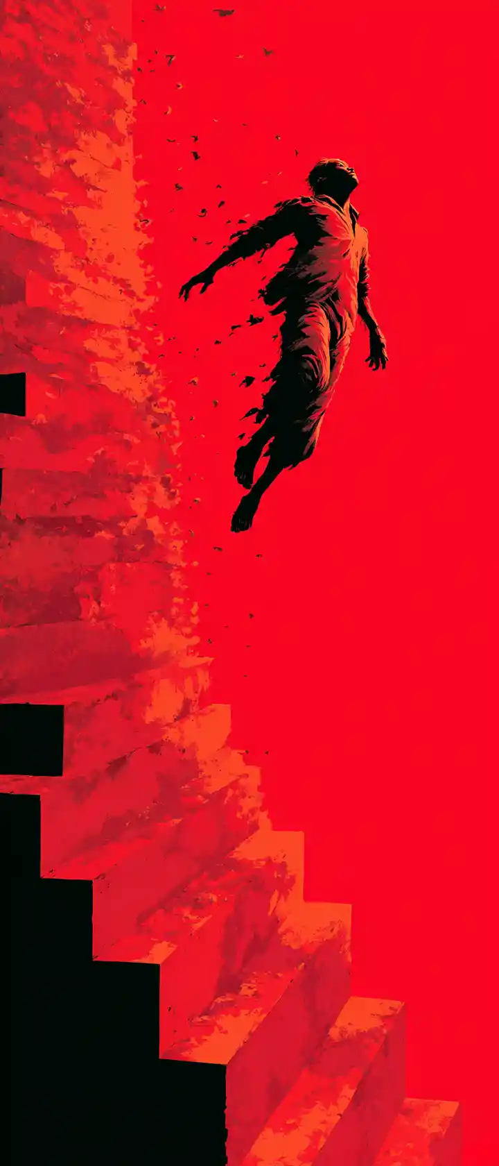 Falling silhouette through sharp black and crimson geometric planes