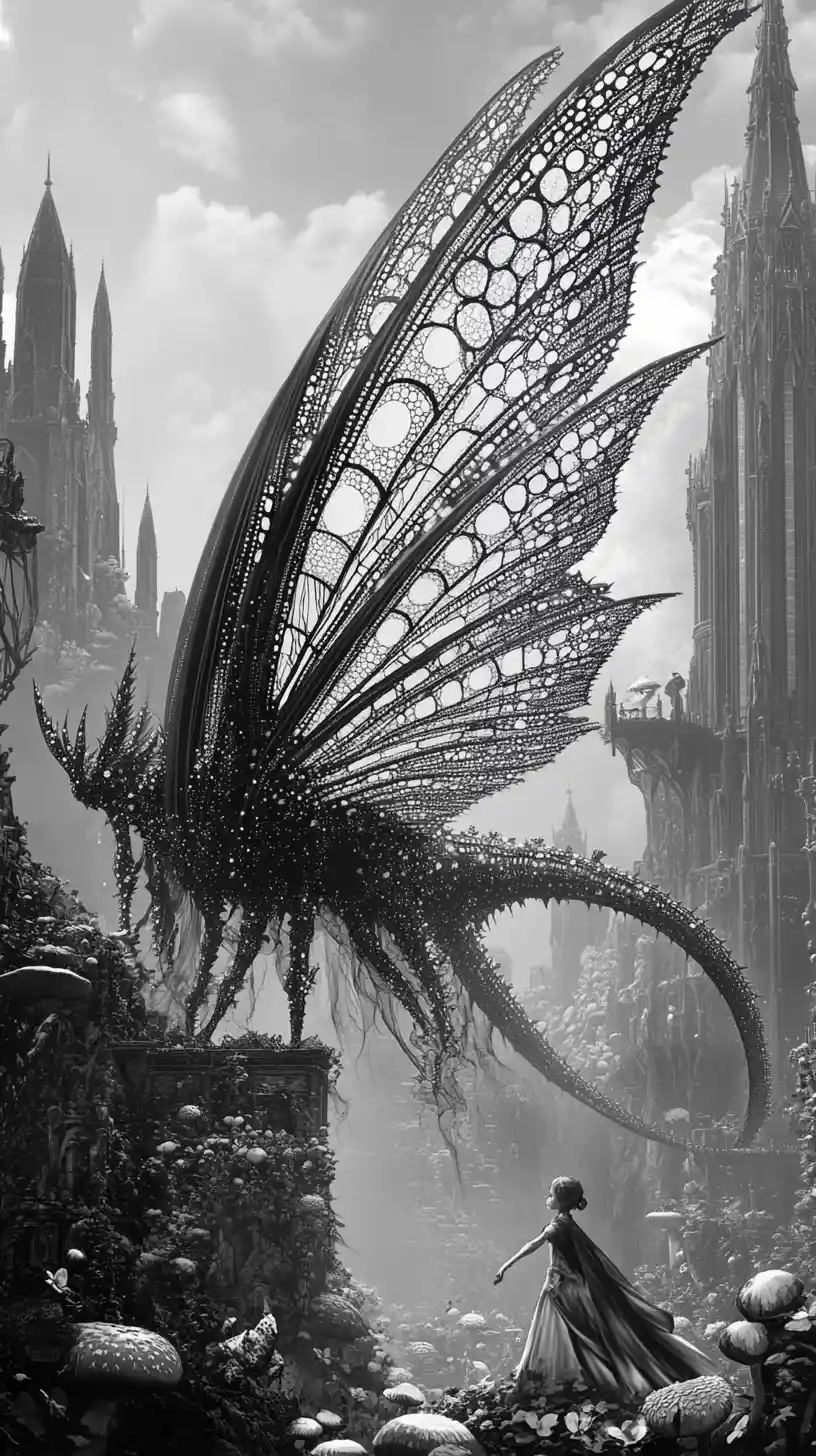 Towering dragon moth cathedral creature with child below