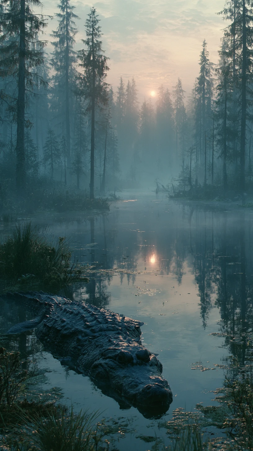 Alligator Lurking Quietly In A Swamp At Dusk