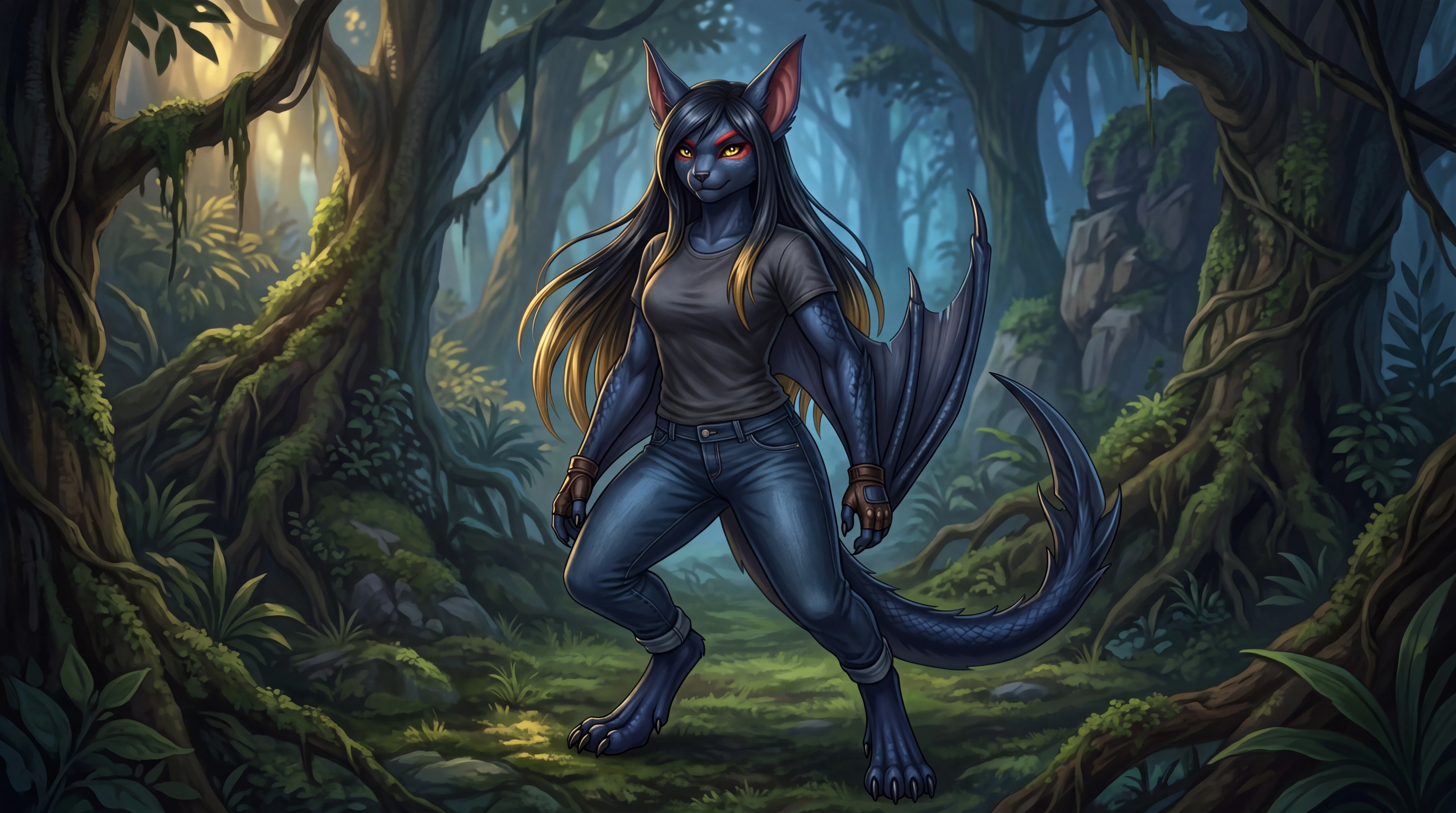 Brave female anthro warrior with gold tipped black hair