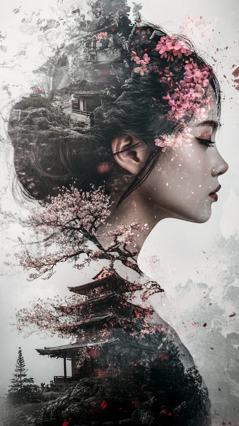 Surreal double exposure portrait of a woman in profile