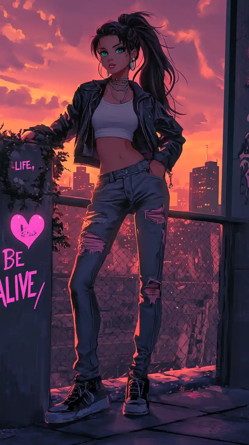 Confident anime girl on a sunset city rooftop terrace
