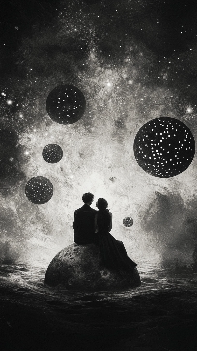 Gothic couple on a small moon in surreal outer space